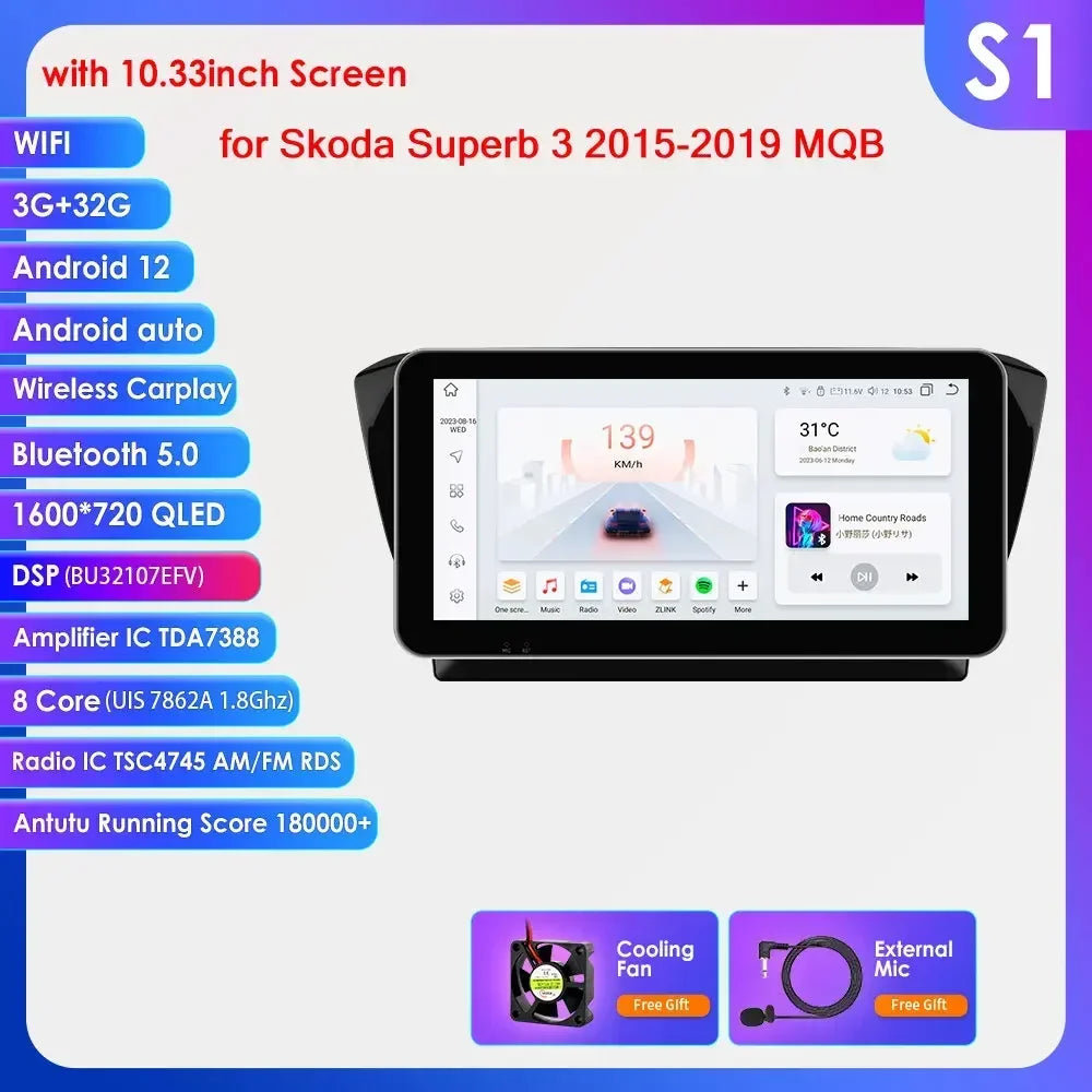 Skoda Superb 3 2015 - 2019 10,1" / 10,33" Android 14 Carplay Android auto wireless wifi bt gps 4g  AUTM1J1R