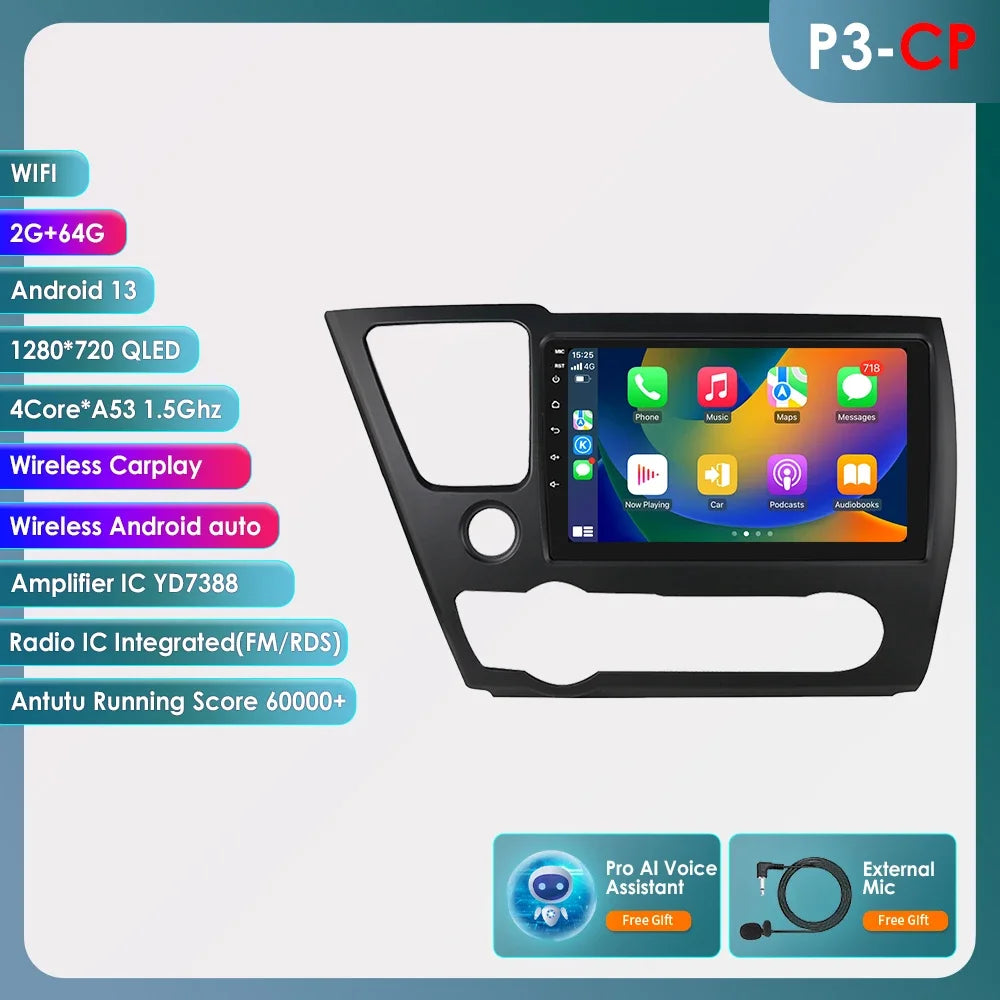 Honda Civic 2013-2016 9" Android 14 Carplay Android auto wireless wifi bt gps 4g AUTMCTVR7