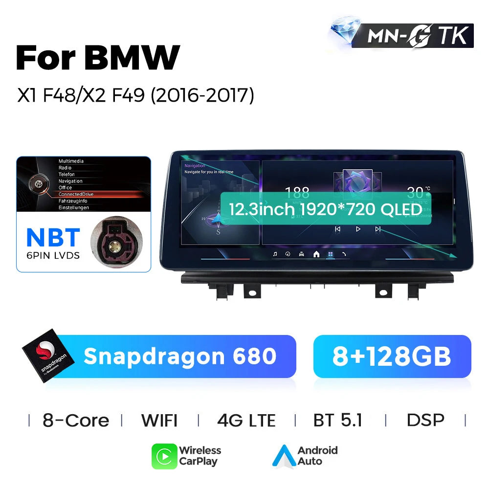 BMW X1 X2 F48 F49 F39 2016-2020 NBT EVO 10,25"  Qualcomm 668/680 Wireless CarPlay Android Auto  Multimedia   HD 1920*720 QLED Dual BT 4G LTE Supporta 360 Camera AHD WIFI  AUTM5B86