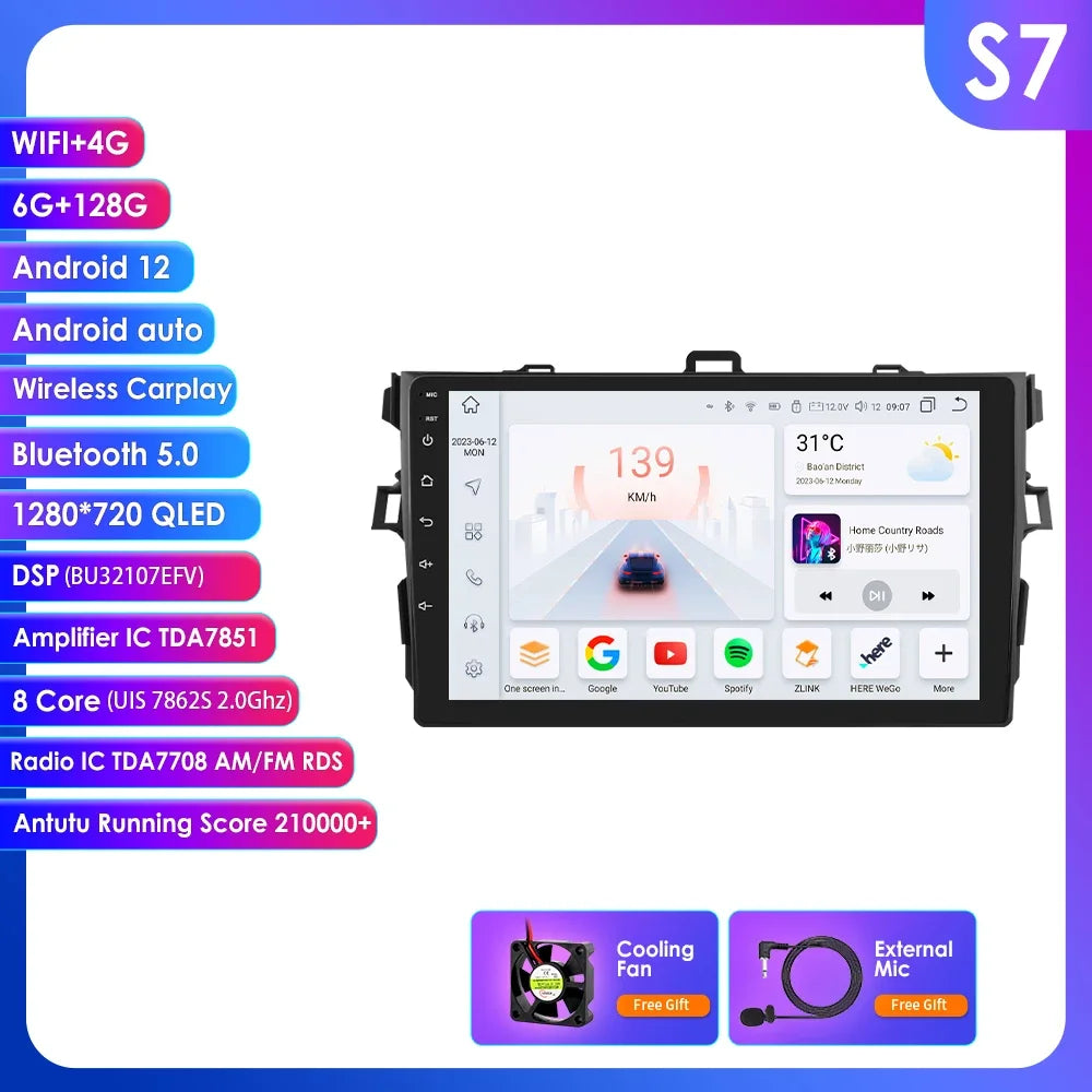 Toyota Corolla E140/150 2007 - 2011 9" Android 14 Carplay Android auto wireless wifi bt gps 4g   AUTMCRLTY