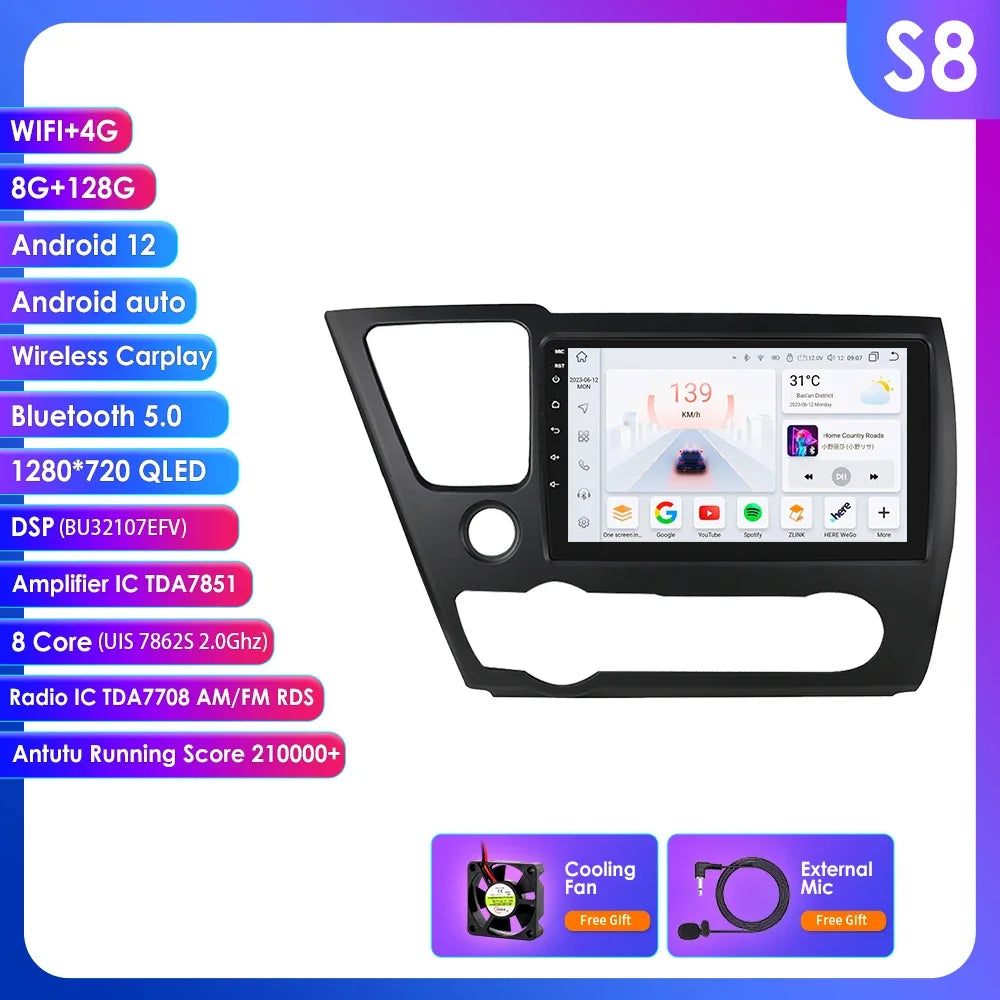 Honda Civic 2013-2016 9" Android 14 Carplay Android auto wireless wifi bt gps 4g AUTMCTVR7