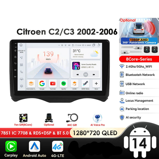Citroen C2 2002 - 2006 Citroen C3  2002-2006 9" Android 14 Carplay Android auto wireless wifi bt gps 4g AUTM8GD8