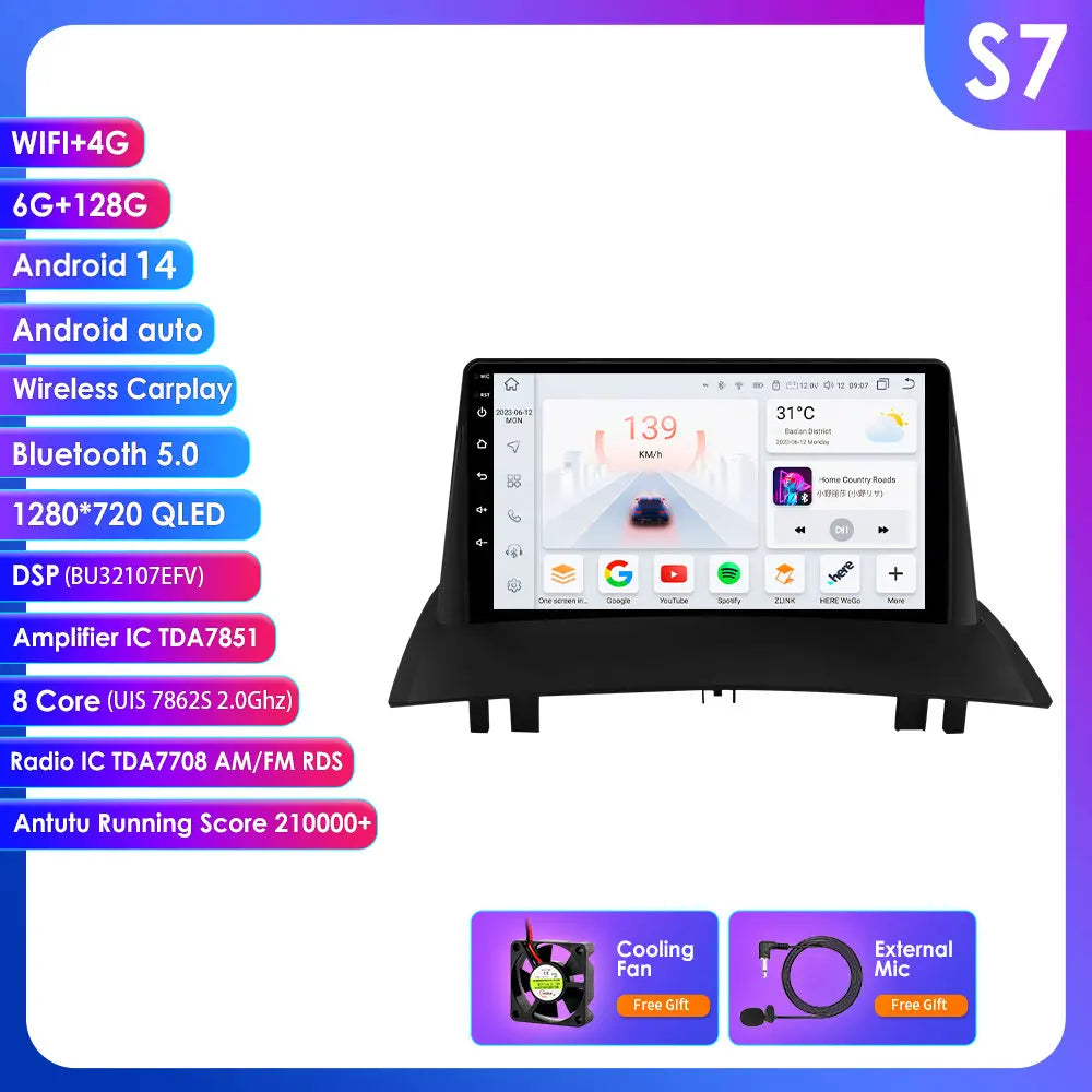 Renault Megane 2 2002-2009 9" Android 14 Carplay Android auto wireless wifi bt gps 4g AUTM6RPO