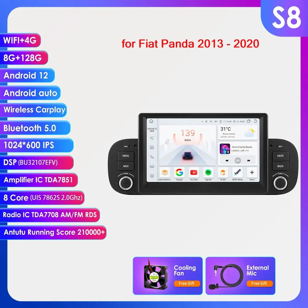 Fiat Panda 2013 - 2020 7" Android 14 Carplay Android auto wireless wifi bt gps 4g AUTMZWUS