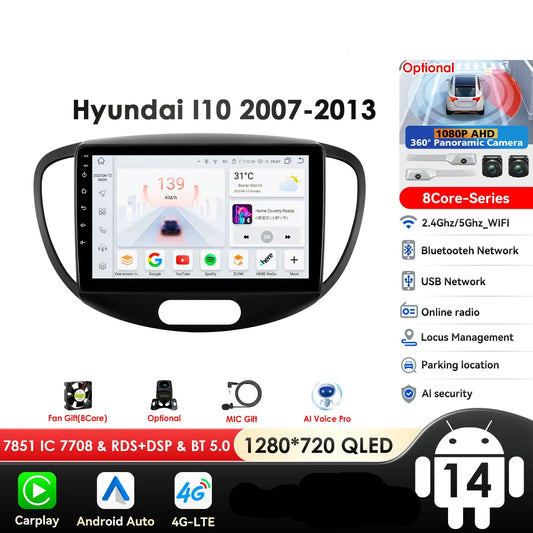 Hyundai I10 2007-2013 9"/10,33" Android 14 Carplay Android auto wireless wifi bt gps 4g  AUTMMDSZ