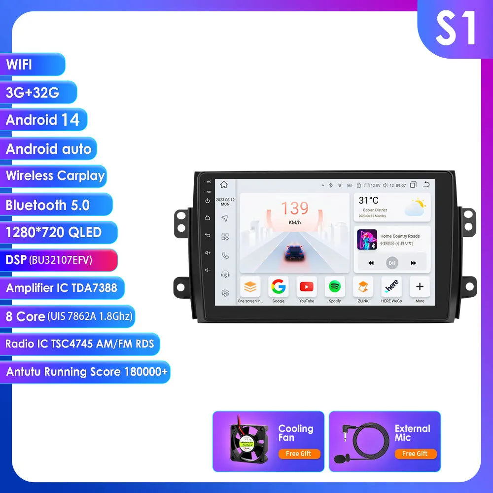 Suzuki SX4/Fiat 16 2005-2014 9" Android 14 Carplay Android auto wireless wifi bt gps 4g AUTMDSJD