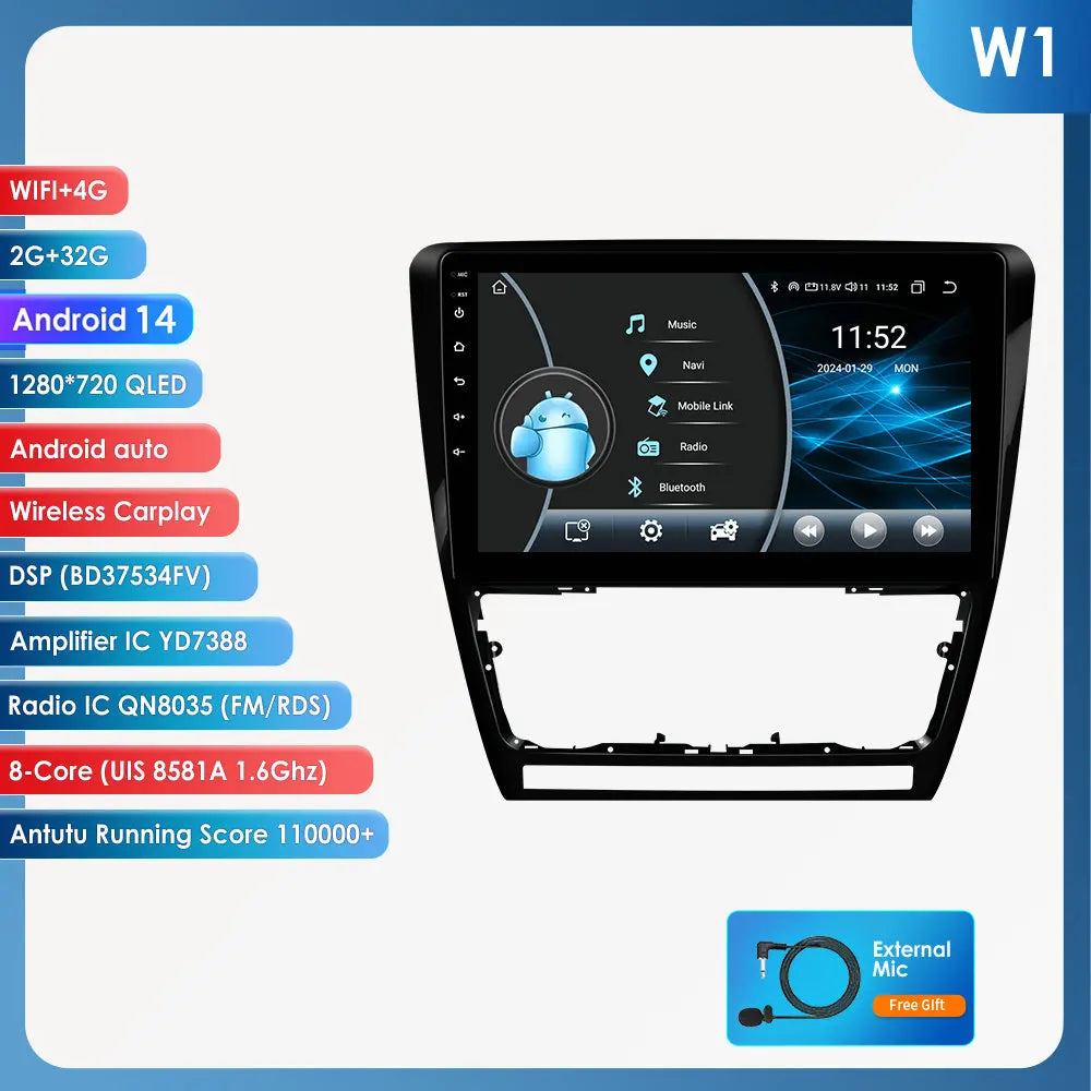 Skoda Octavia 2 A5 2008- 2013   10,1" / 10,33" Android 14 Carplay Android auto wireless wifi bt gps 4g  AUTM7NCO