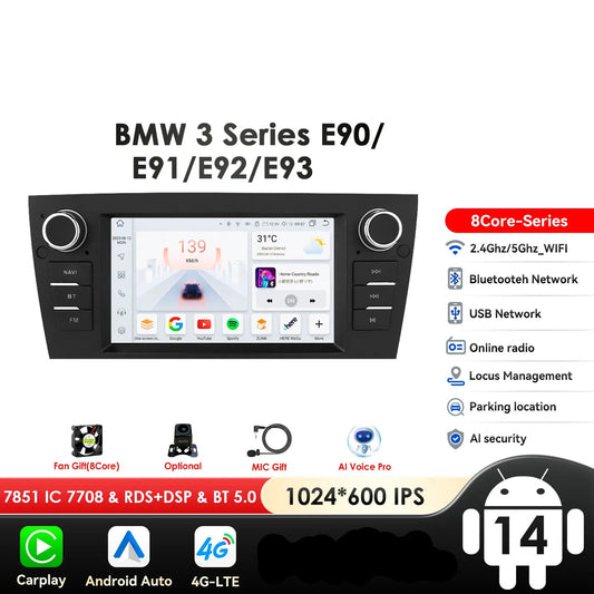 BMW E90/E91/E92/E93 3 Series 2006-2012 7" Android 14 Carplay Android auto wireless wifi bt gps 4g  AUTM70P3