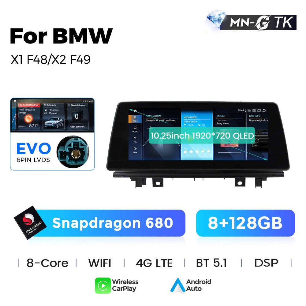 BMW X1 X2 F48 F49 F39 2016-2020 NBT EVO 10,25"  Qualcomm 668/680 Wireless CarPlay Android Auto  Multimedia   HD 1920*720 QLED Dual BT 4G LTE Supporta 360 Camera AHD WIFI  AUTM5B86