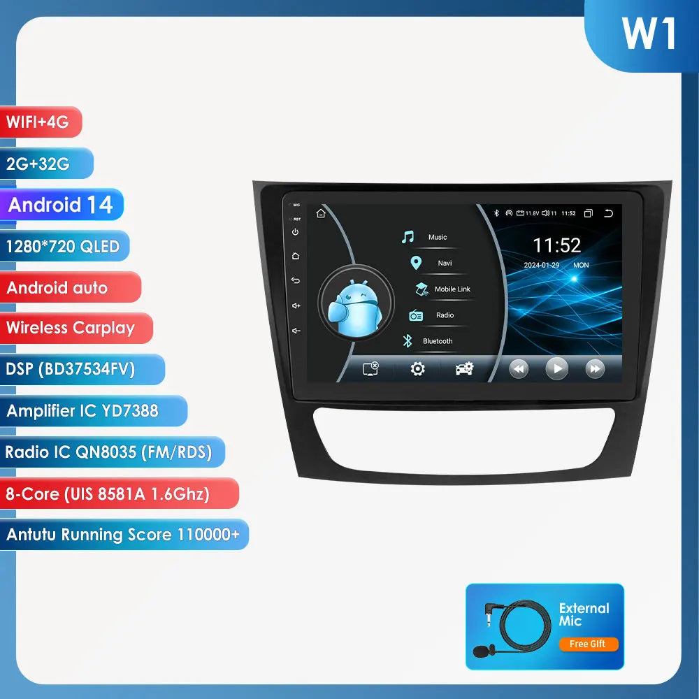 Mercedes Benz E-Class W211 E200 E220 E300 E350 E240 E270 E280 CLS W219 55 C W463 CLK 9" Android 14 Carplay Android auto wireless wifi bt gps 4g AUTMPAP0