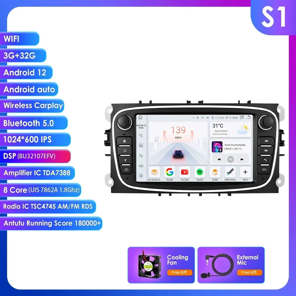 Ford Focus S-Max Mondeo Galaxy C-Max Kuga 7" Android 14 Carplay Android auto wireless wifi bt gps 4g  AUTMW9ZB