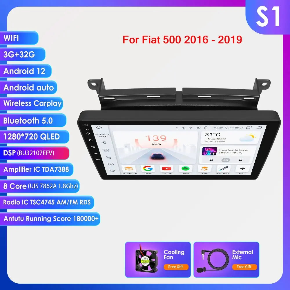 Fiat 500 2016 -2019  9"/10,33" Android 14 Carplay Android auto wireless wifi bt gps 4g AUTM7LJI