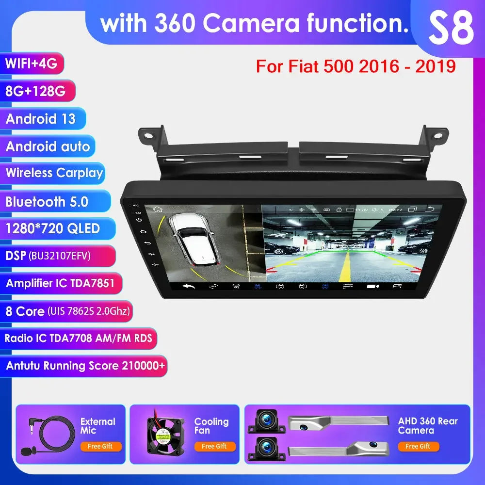 Fiat 500 2016 -2019  9"/10,33" Android 14 Carplay Android auto wireless wifi bt gps 4g AUTM7LJI