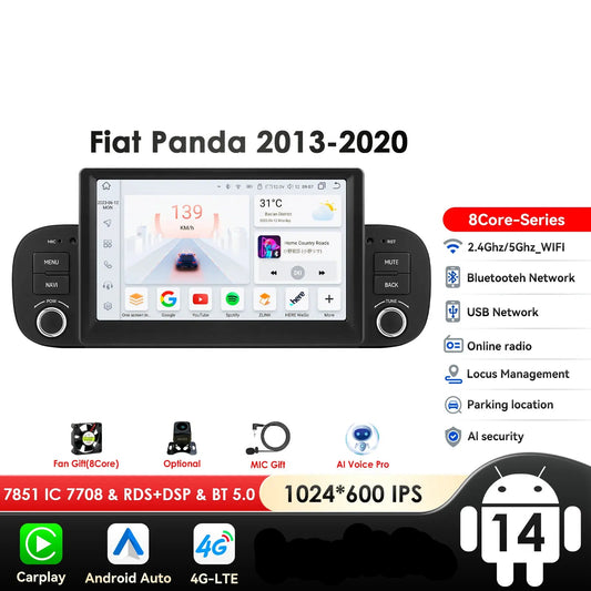 Fiat Panda 2013 - 2020 7" Android 14 Carplay Android auto wireless wifi bt gps 4g AUTMZWUS