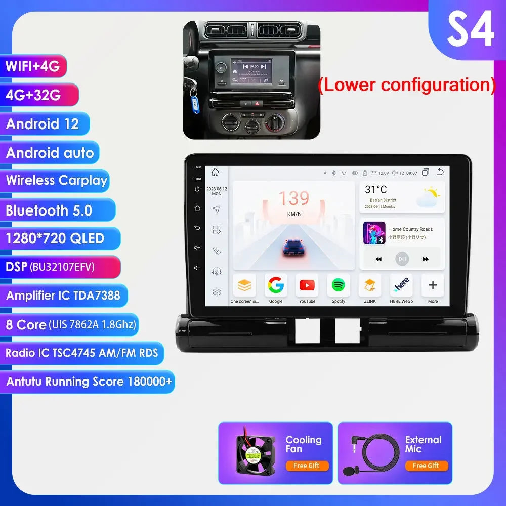 Citroen C3 C4 Aircorss  2017 - 2023 9" ANDROID 12 Carplay Android auto wireless radio RDS WIFI GPS BT USB AUTMCTRC349