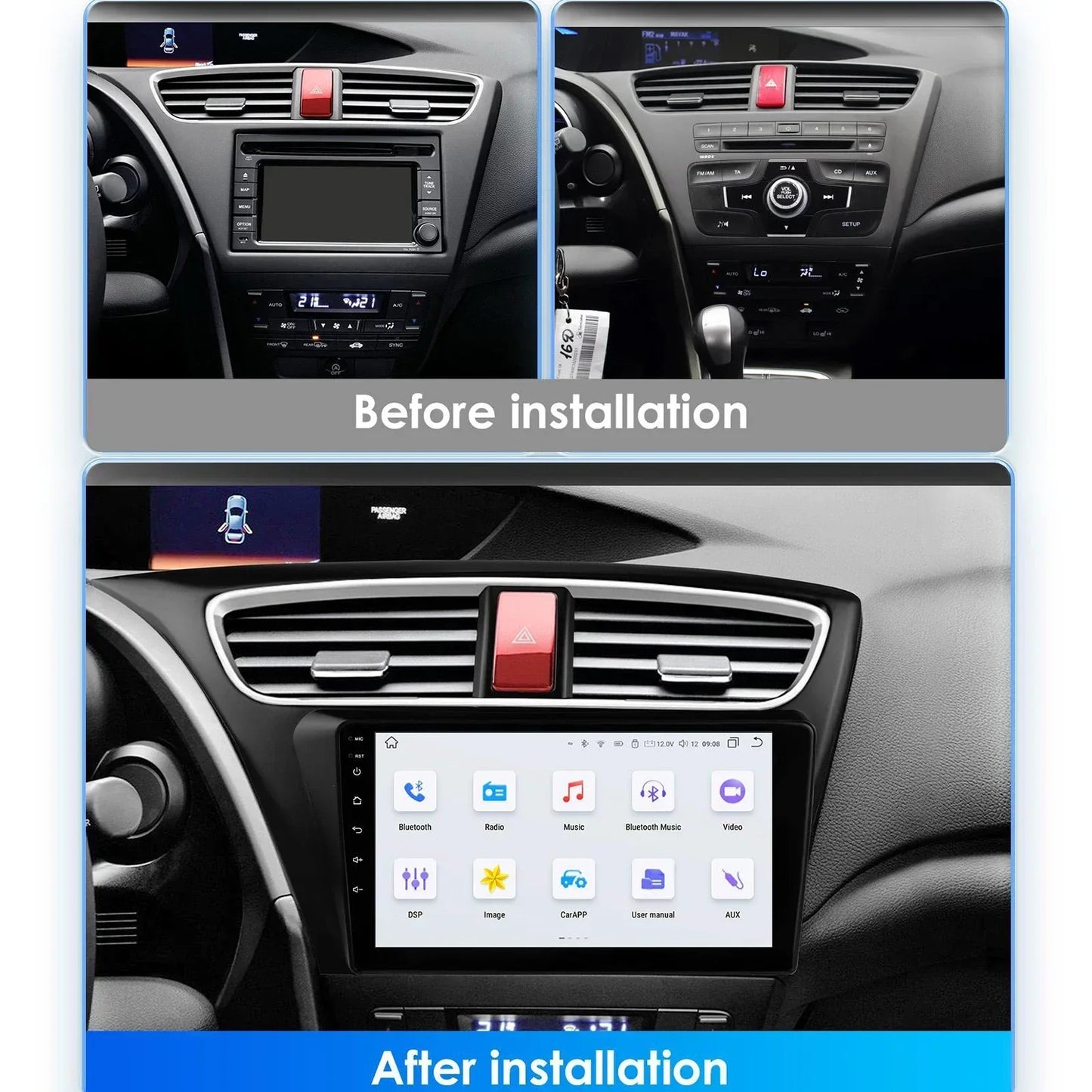 Honda Civic 9 FK FB 2012 - 2017 9" Android 14 Carplay Android auto wireless wifi bt gps 4g AUTMSGOW