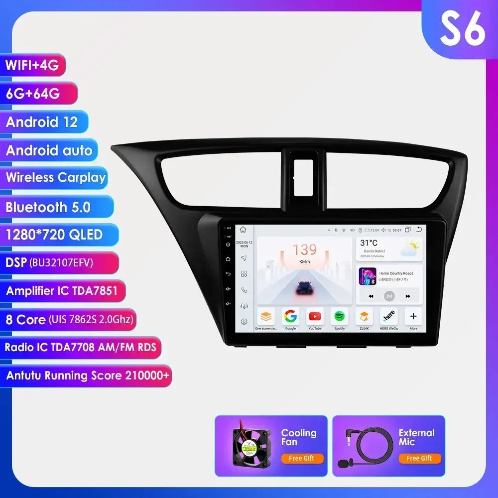Honda Civic 9 FK FB 2012 - 2017 9" Android 14 Carplay Android auto wireless wifi bt gps 4g AUTMSGOW