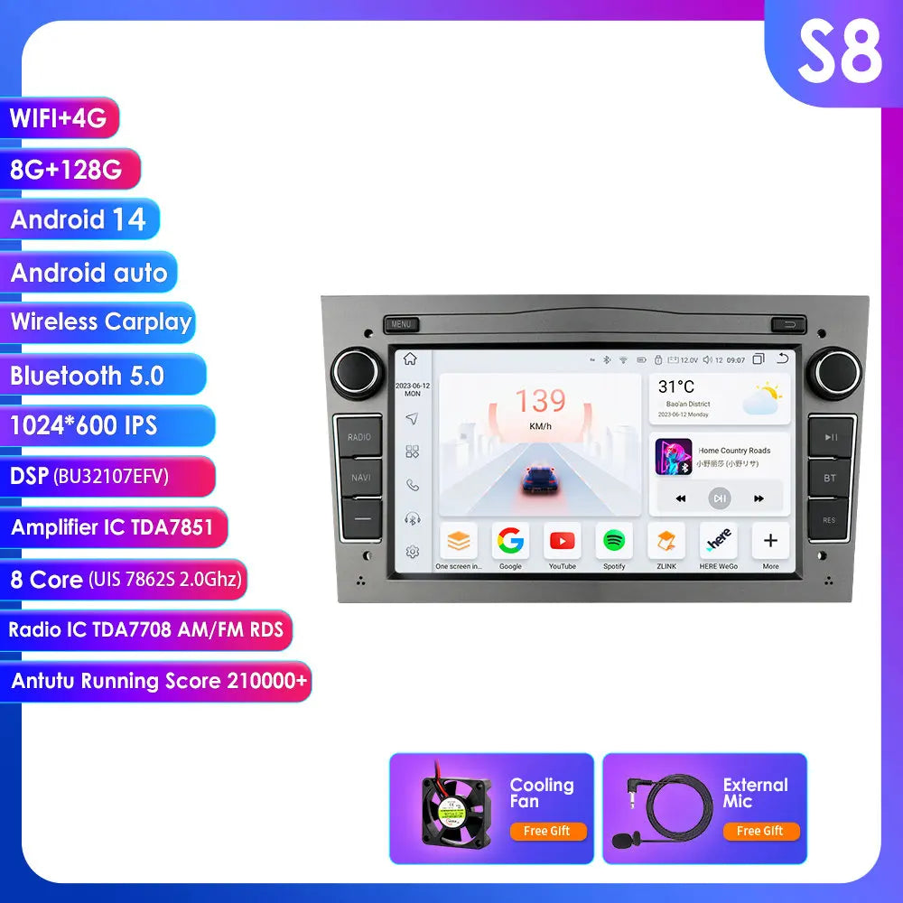 Opel Astra H J 2004 Vectra Vauxhall Antara Zafira Corsa C D Vivaro Meriva 7" Android 14 Carplay Android auto wireless wifi bt gps 4g   AUTMV0E4