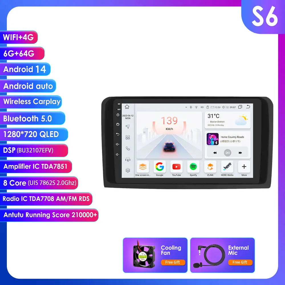 Mercedes ML W164 X164 ML350 ML300 GL500 ML320 ML280 GL350  9" Android 14 Carplay Android auto wireless wifi bt gps 4g AUTMMQVN