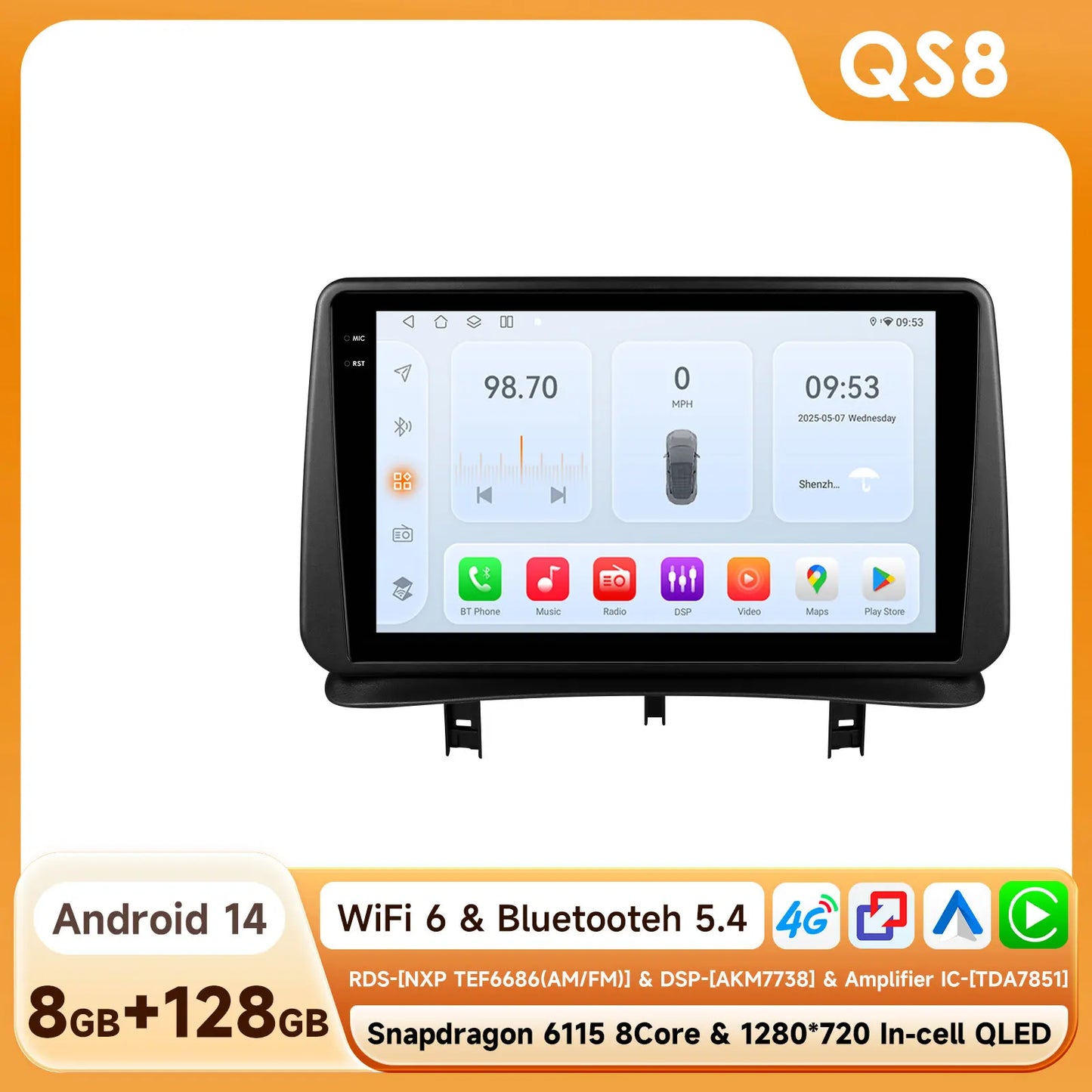 Renault CLIO 3 2005-2014 9" Android 14 Carplay Android auto wireless wifi bt gps 4g  AUTMZ8RB