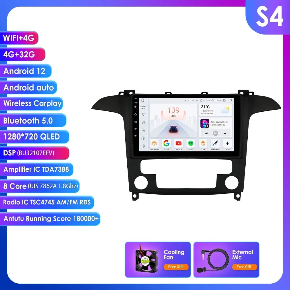 Ford S Max S-MAX 2007-2015 9" Android 14 Carplay Android auto wireless wifi bt gps 4g  AUTMUZ3Y