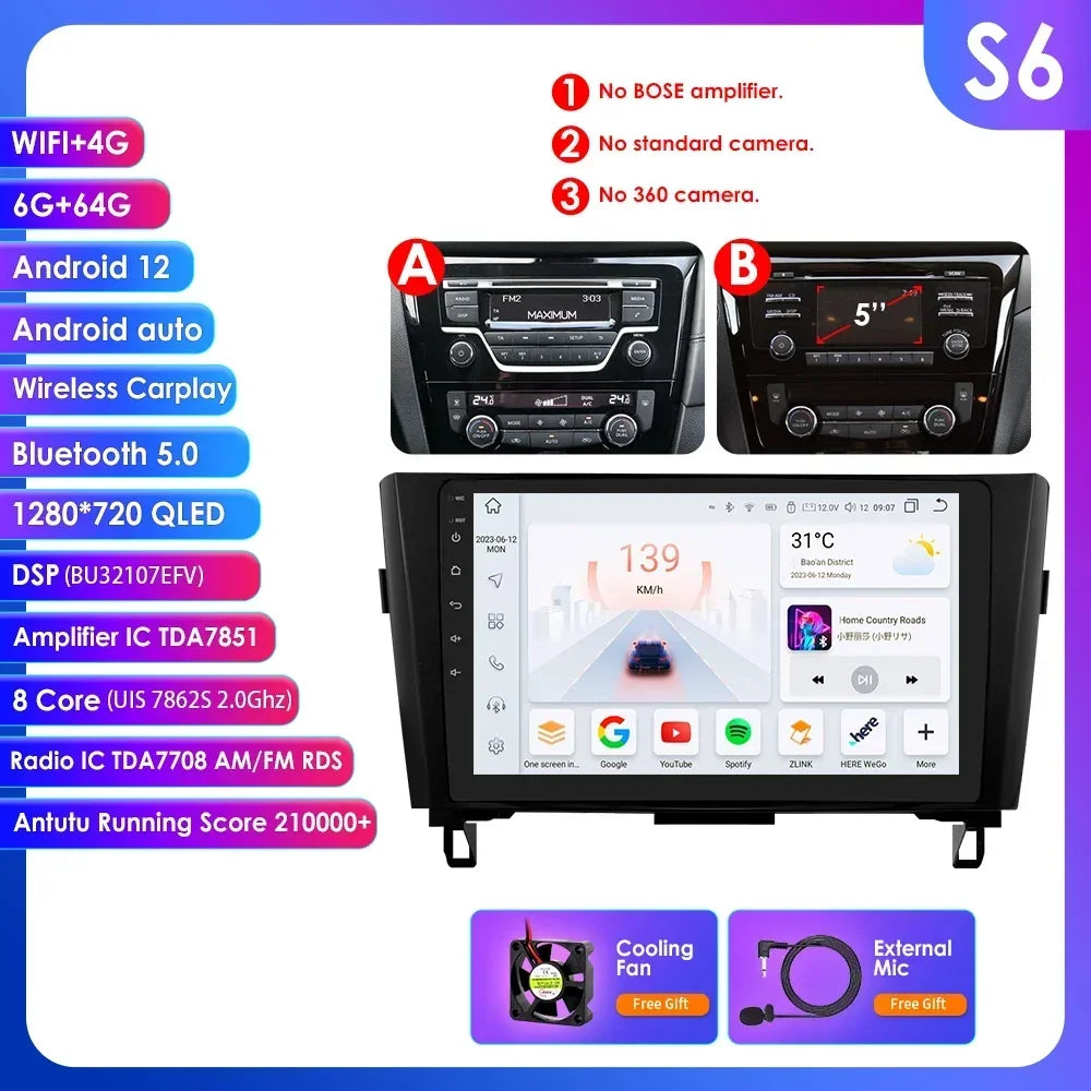 Nissan X-Trail Xtrail X Trail 3 T32 Qashqai 2 J11 2014-2018  10" Android 14 Carplay Android auto wireless wifi bt gps 4g AUTMSINJ11
