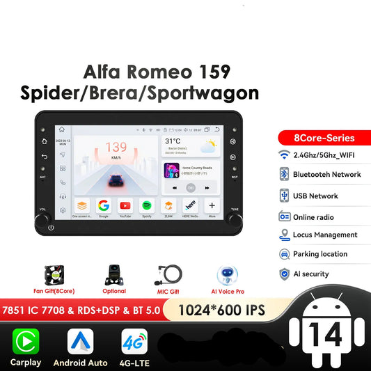 Alfa Romeo 159 Brera Spider 8" Android 14 Carplay Android auto wireless wifi bt gps 4g  AUTMS04A