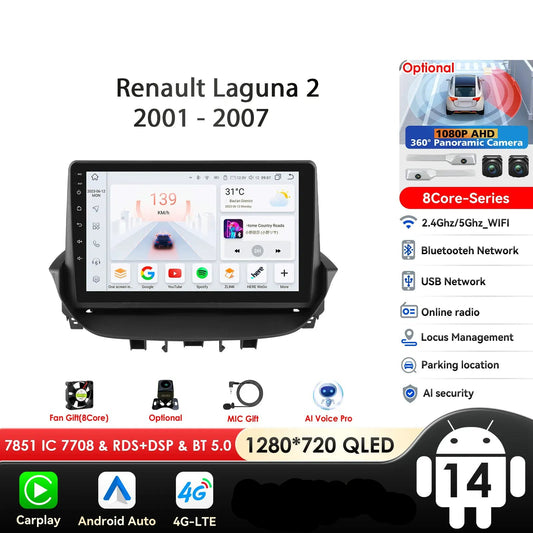 Renault Laguna 2 2001-2007 9" Android 14 Carplay Android auto wireless wifi bt gps 4g AUTMTAL9