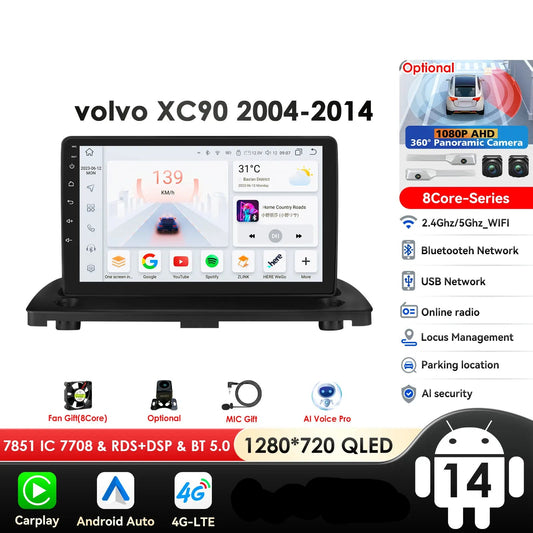 Volvo XC90 2004 - 2014 9" Android 14 Carplay Android auto wireless wifi bt gps 4g  AUTM3LED