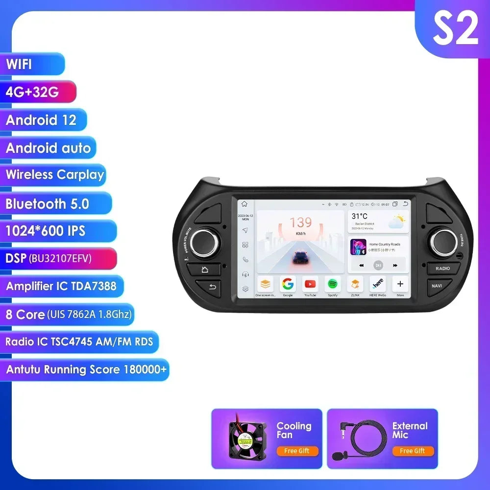 Fiat Qubo/ Fiorino / Citroen Nemo / Peugeot Bipper 7" Android 14 Carplay Android auto wireless wifi bt gps 4g   AUTMZVQA