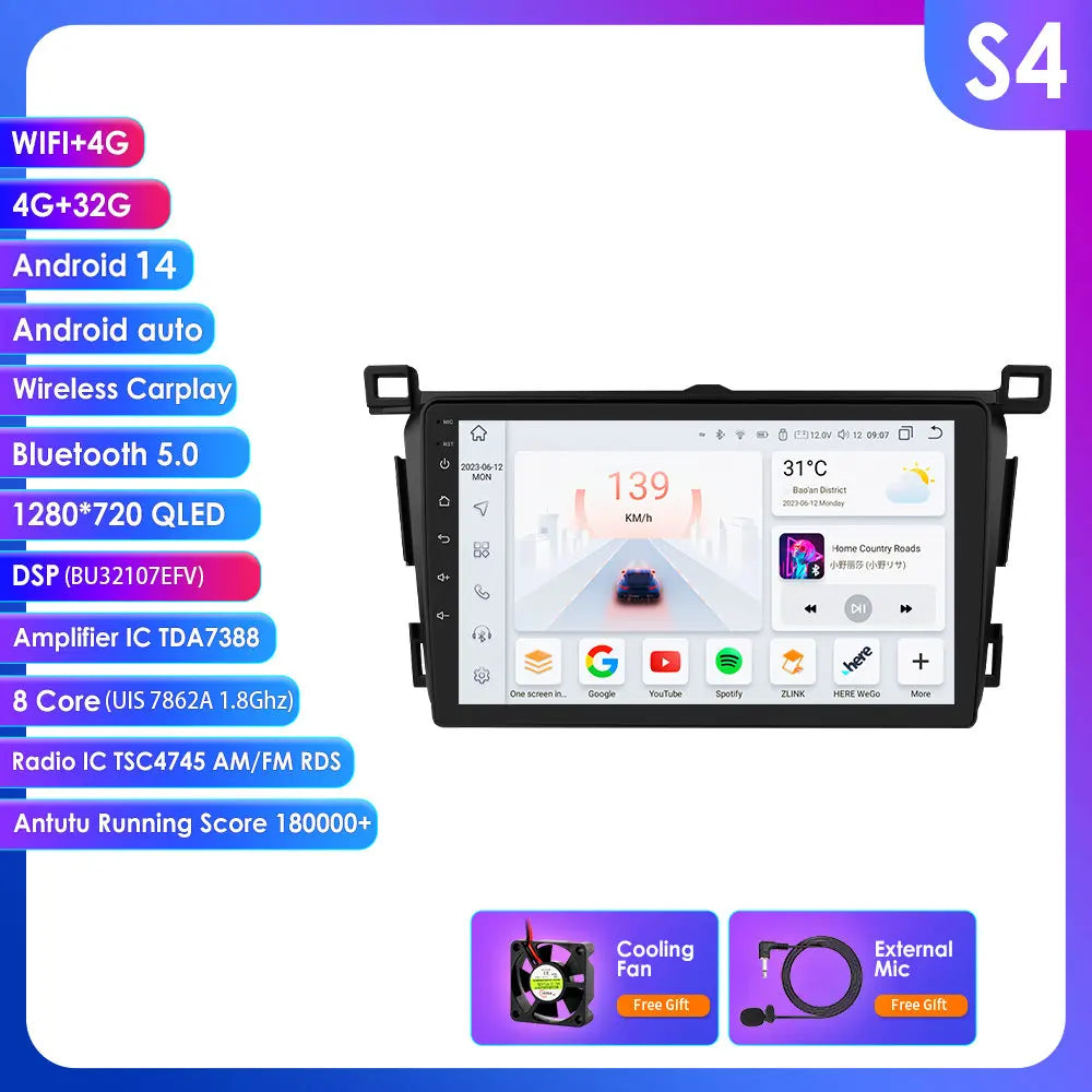 Toyota RAV4 Rav 4 2013-2018 9" Android 14 Carplay Android auto wireless wifi bt gps 4g  AUTM4VARTY