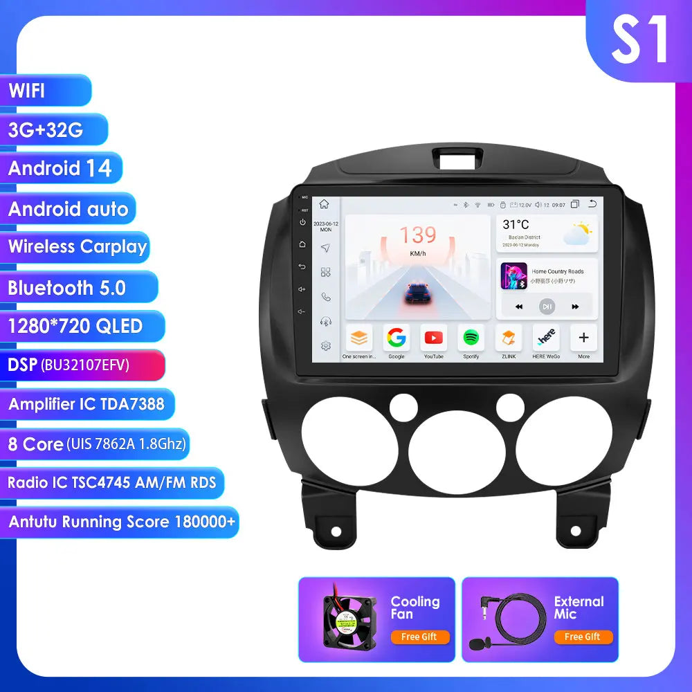 MAZDA 2 Mazda2 2007 - 2014 9" Android 14 Carplay Android auto wireless wifi bt gps 4g AUTMZVDM2