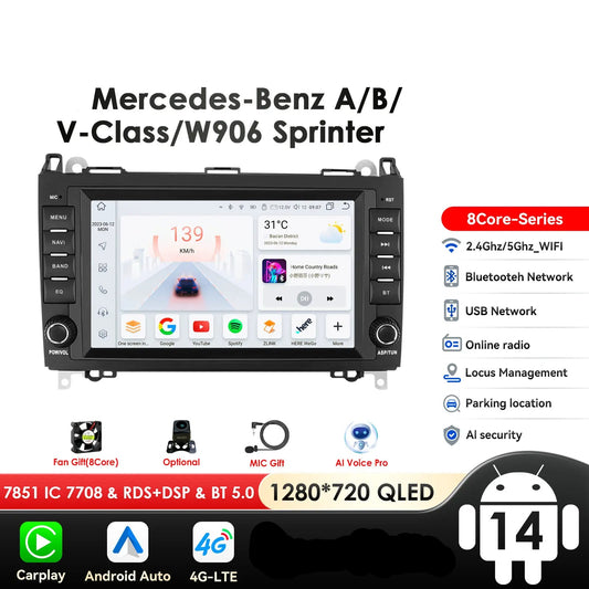 Mercedes Benz B200 Sprinter W906 W639 AB Class W169 W245 Viano Vito 7" Android 14 Carplay Android auto wireless wifi bt gps 4g  AUTM24A2g