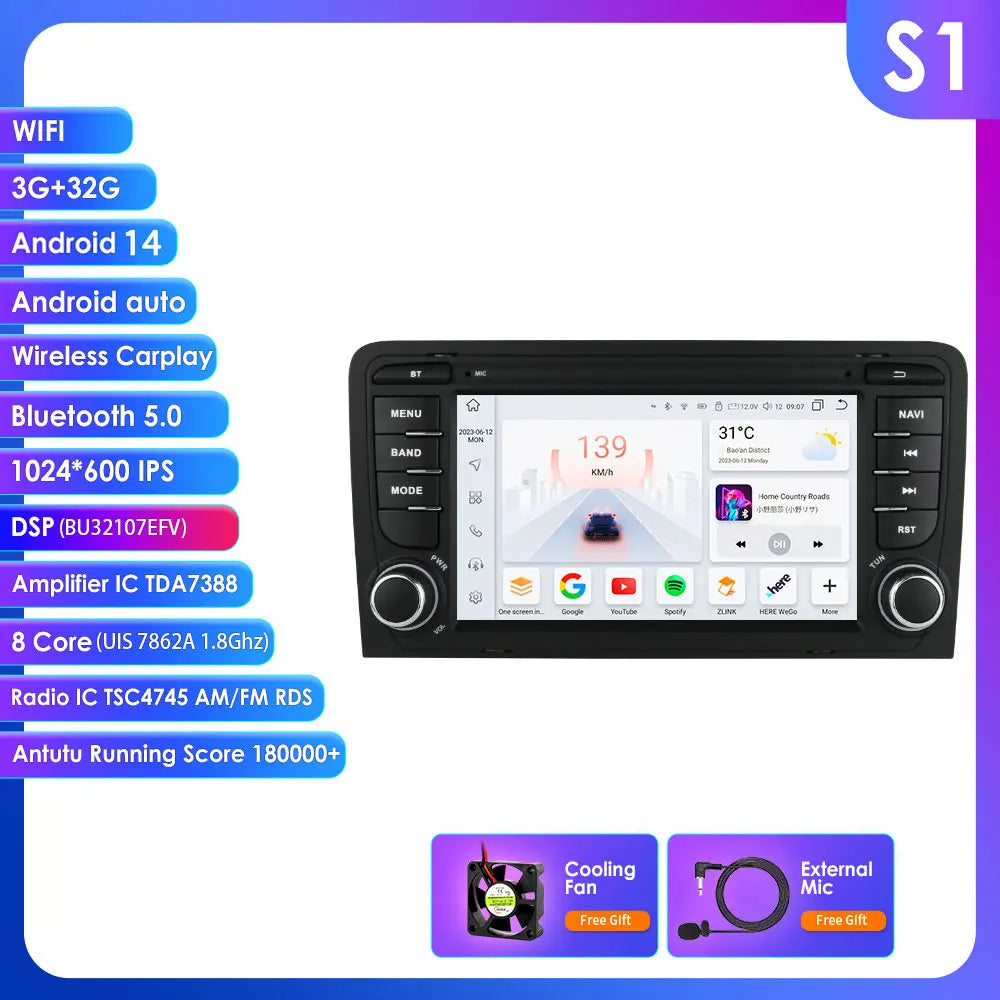 Audi  A3 8P S3 RS3 2003-2012 7" Android 14 Carplay Android auto wireless wifi bt gps 4g AUTM2YMV