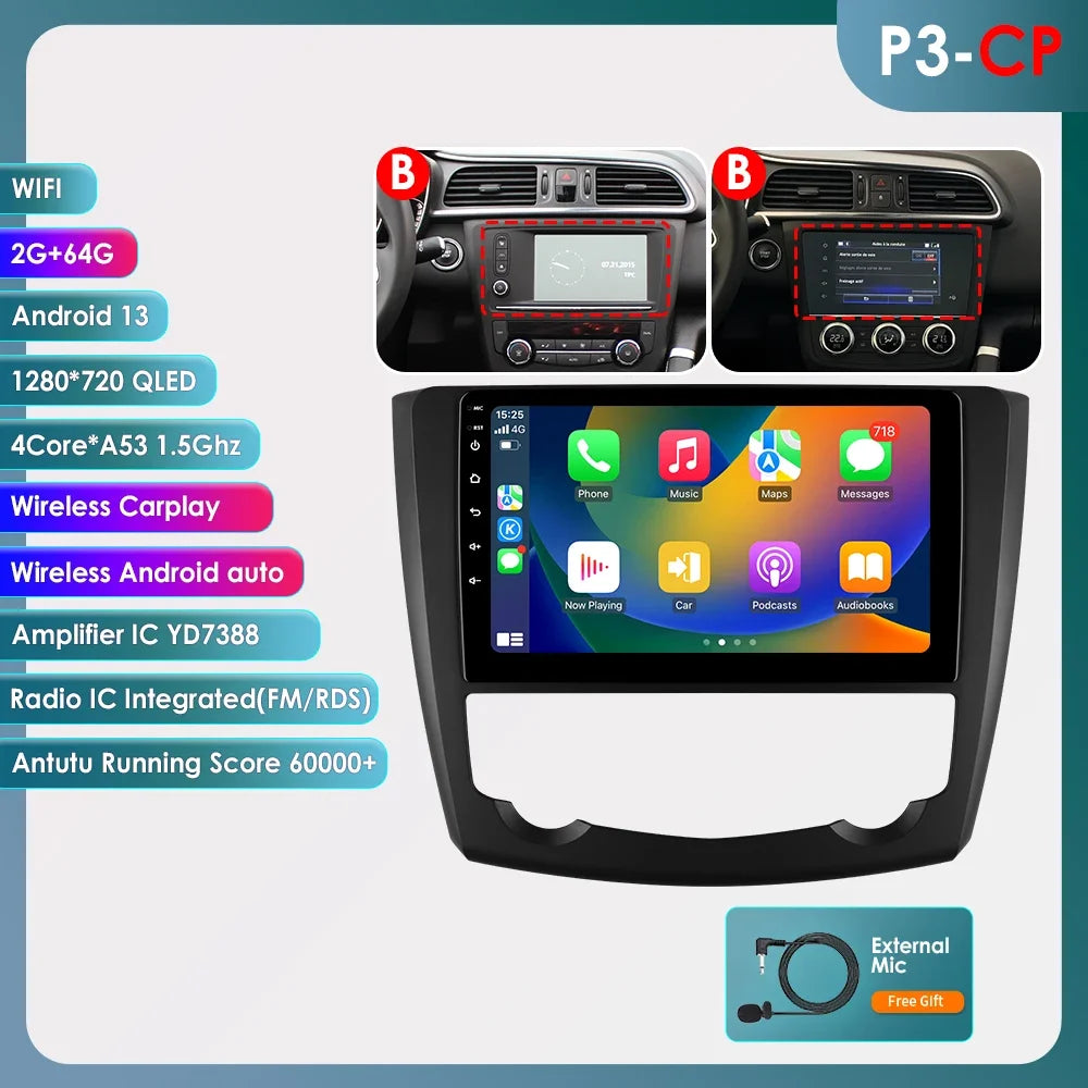 Renault Kadjar 2015-2019  9" Android 14 Carplay Android auto wireless wifi bt gps 4g AUTM83VU