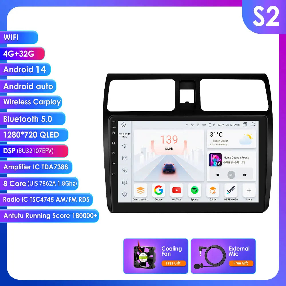 Suzuki Swift 2005-2010 9" Android 14 Carplay Android auto wireless wifi bt gps 4g AUTMTSDHF