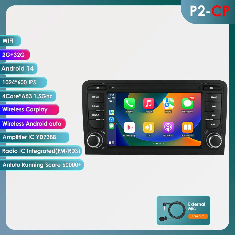 Audi  A3 8P S3 RS3 2003-2012 7" Android 14 Carplay Android auto wireless wifi bt gps 4g AUTM2YMV