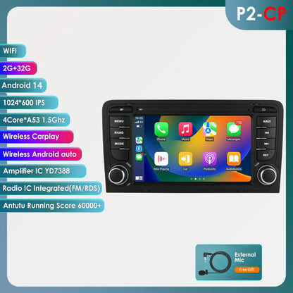 Audi  A3 8P S3 RS3 2003-2012 7" Android 14 Carplay Android auto wireless wifi bt gps 4g AUTM2YMV