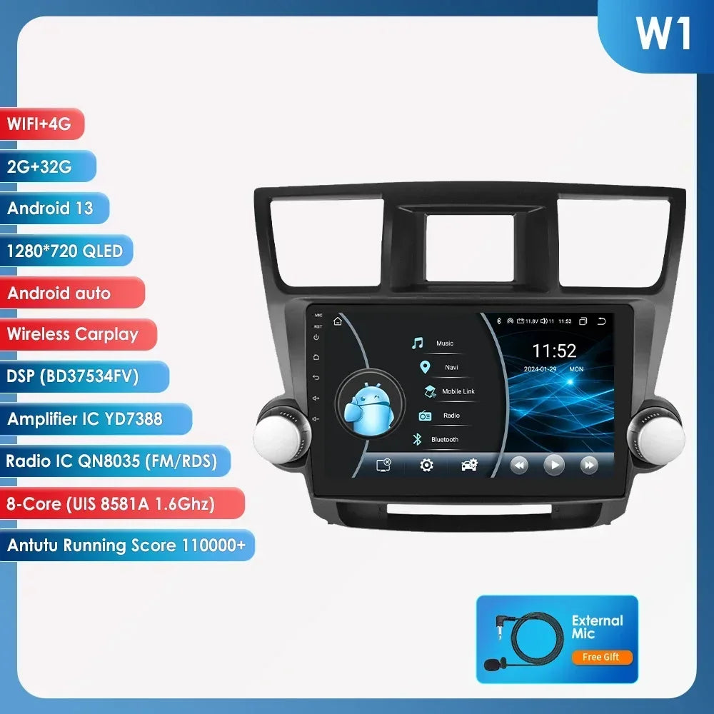 Toyota Highlander Kluger 2 XU40 2007 - 2013  9" Android 14 Carplay Android auto wireless wifi bt gps 4g   AUTMHIGTY