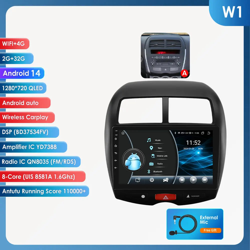 Mitsubishi ASX 1 2010 - 2018 9"Android 14 Carplay Android auto wireless wifi bt gps 4g RDS AUTMMTBSX