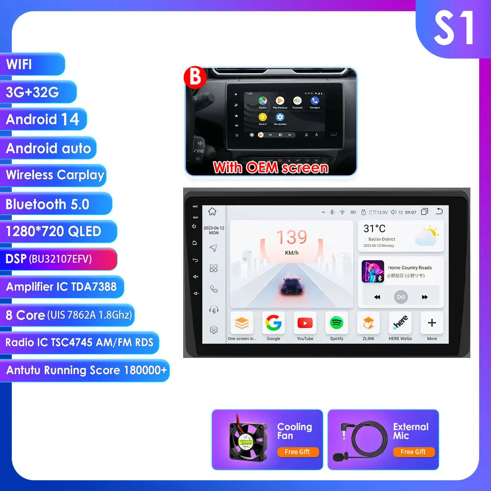Renault Duster HM 2 Arkana 10,1" / 10,33" Android 14 Carplay Android auto wireless wifi bt gps 4g AUTMLWKH
