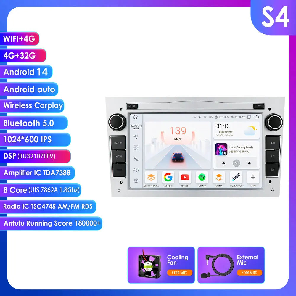 Opel Astra H J 2004 Vectra Vauxhall Antara Zafira Corsa C D Vivaro Meriva 7" Android 14 Carplay Android auto wireless wifi bt gps 4g   AUTMV0E4
