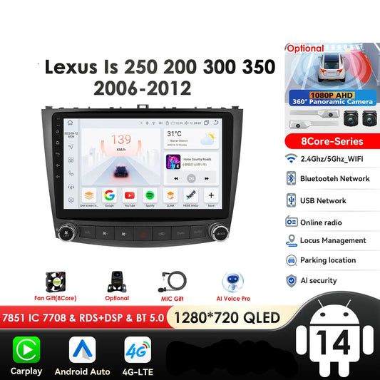 Lexus IS250 IS300 IS200 IS220 IS350 2006-2012  10,1" Android 14 Carplay Android auto wireless wifi bt gps 4g AUTMISXLM