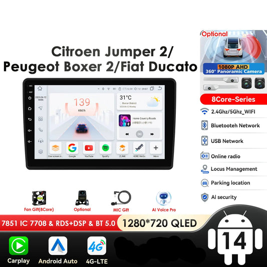 Fiat Ducato Peugeot Boxer Citroen Jumper 2 2006-2022 9" Android 14 Carplay Android auto wireless wifi bt gps 4g  AUTM7UCV