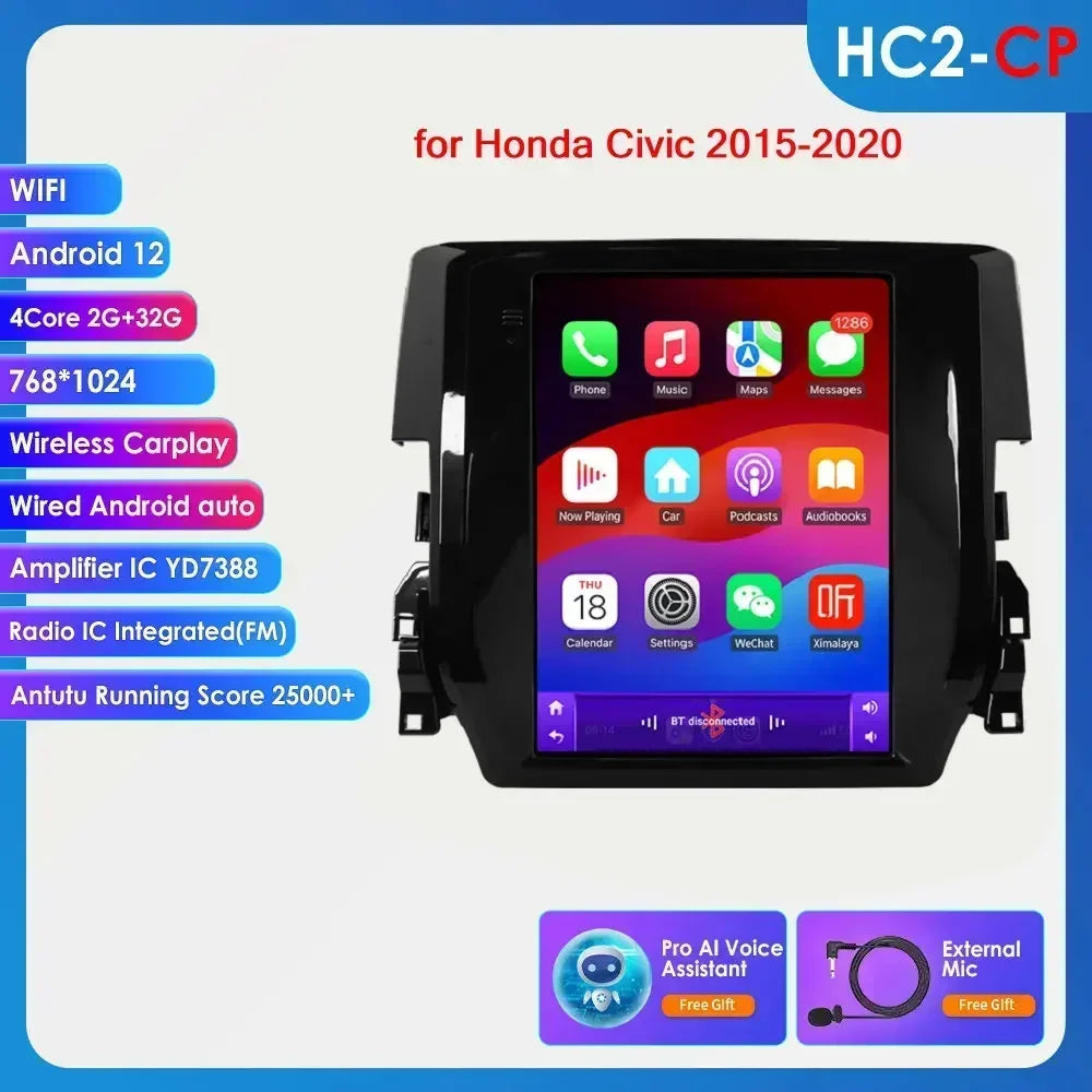 Honda Civic 2015-2020 9.7" Android 14 Carplay Android auto wireless wifi bt gps 4g AUTMCVCH3