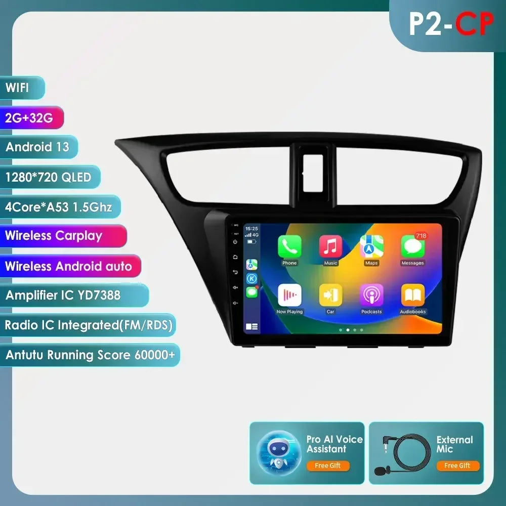 Honda Civic 9 FK FB 2012 - 2017 9" Android 14 Carplay Android auto wireless wifi bt gps 4g AUTMSGOW