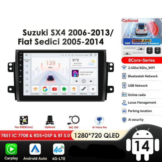 Suzuki SX4/Fiat 16 2005-2014 9" Android 14 Carplay Android auto wireless wifi bt gps 4g AUTMDSJD