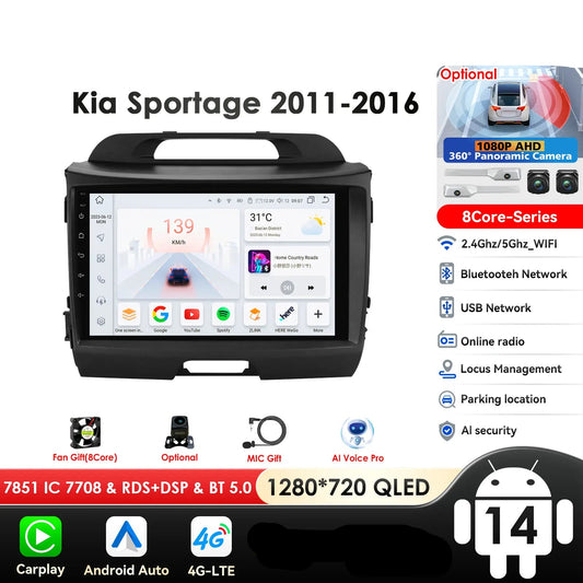 KIA Sportage 2010-2016 9" Android 14 Carplay Android auto wireless wifi bt gps 4g AUTM8YNY