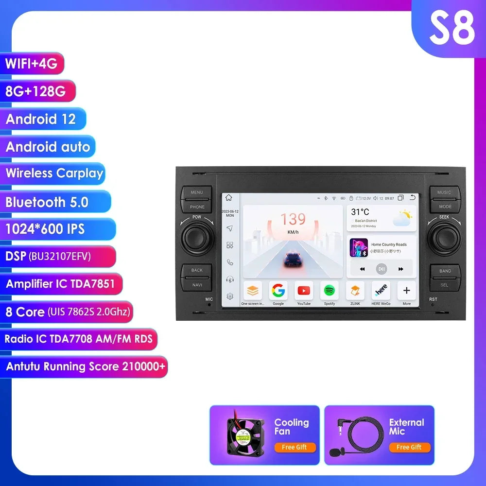 Ford Mondeo S-max Focus C-MAX Galaxy Fiesta Transit Fusion Connect Kuga 7" Android 14 AUTM58OQ Carplay Android auto wireless wifi bt gps 4g AUTM2PNO