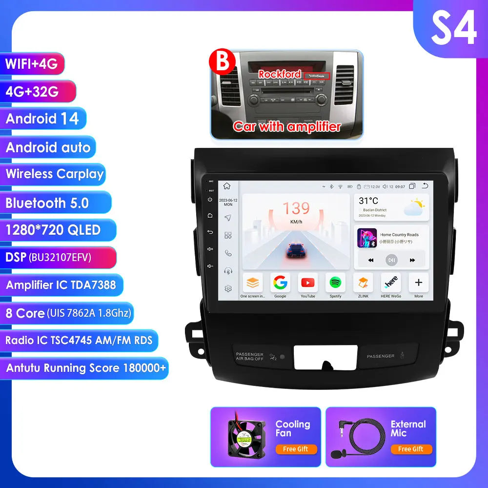Peugeot 4007  Mitsubishi Outlander 2  Citroen C-Crosser 9" Android 14 Carplay Android auto wireless wifi bt gps 4g AUTMS5Y3